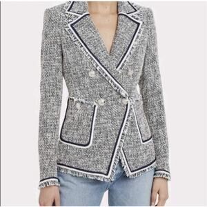 Veronica Beard Theron Tweed Fringe Navy White Frayed Trim Career Blazer Size 22
